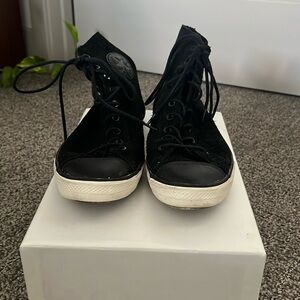 Converse suede black high tops sneakers, size 8.5, good condition.